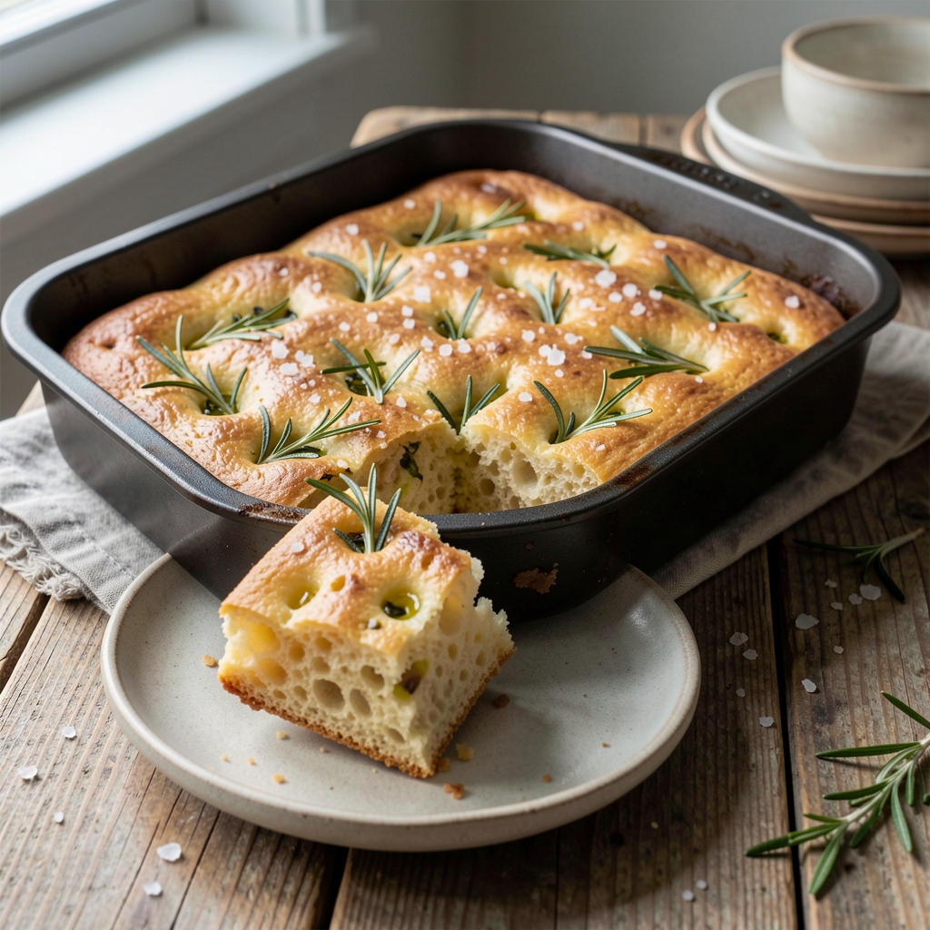 Rosemary focaccia in a baking pan, one square cut out