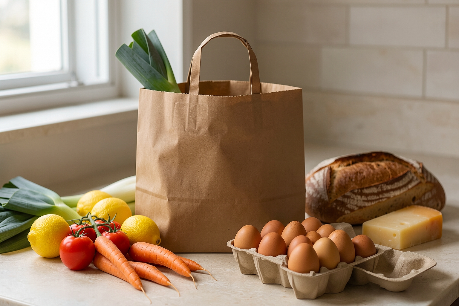 A paper grocery bag on a kitchen counter with leeks, tomatoes on the vine, lemons, carrots, eggs and bread