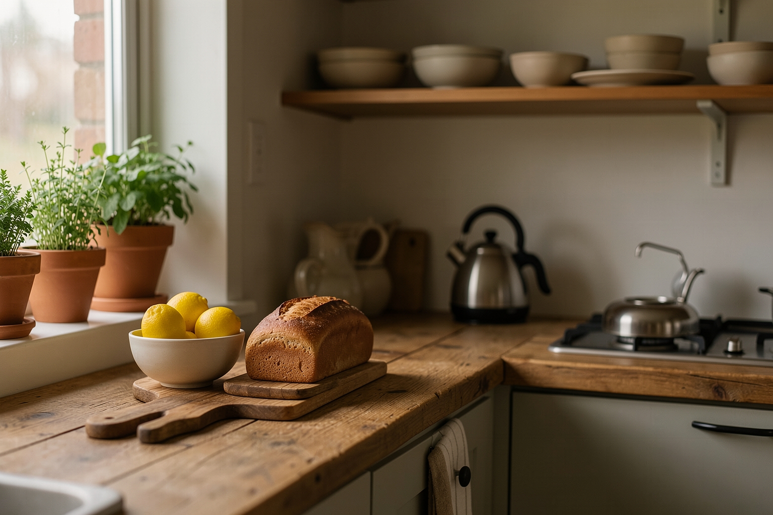 A calm home kitchen in morning light with a bowl of lemons, herbs on the sill and a kettle