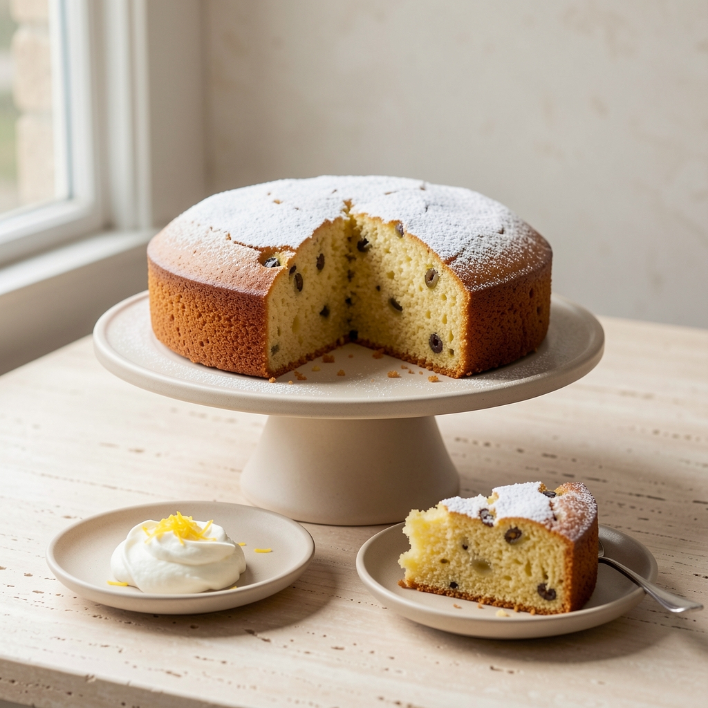 A lemon olive oil cake on a stand with one slice served on a plate