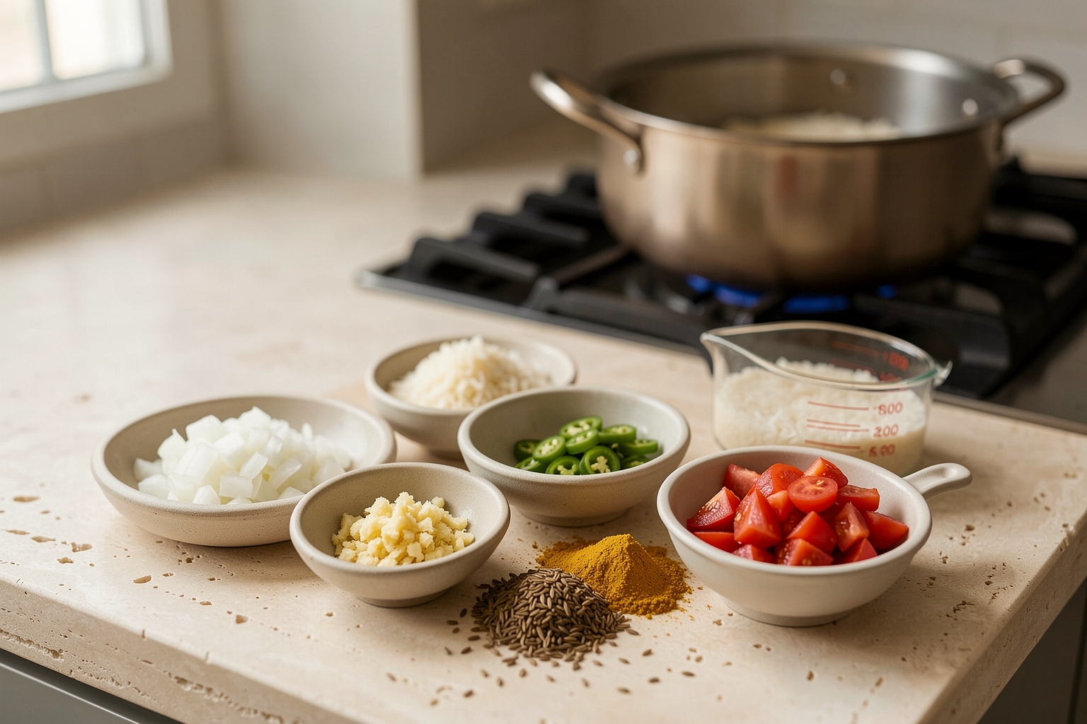 Small bowls of chopped onion, garlic, ginger, chilies and spices laid out beside a pot on the stove
