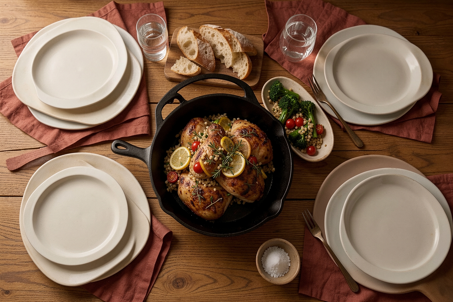 A weeknight dinner table from above: chicken in a skillet, a grain salad, greens and bread