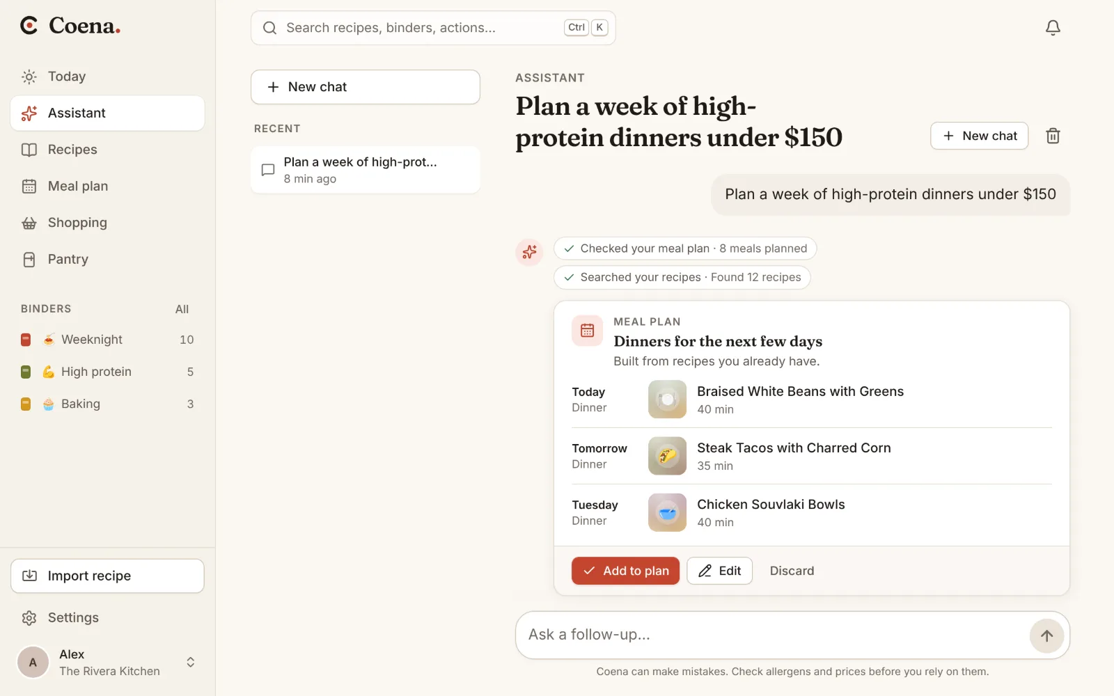 The Coena planner answering a request with a proposed meal plan