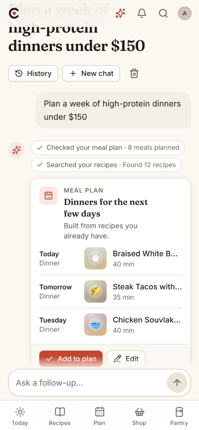 The Coena planner answering a request with a proposed meal plan
