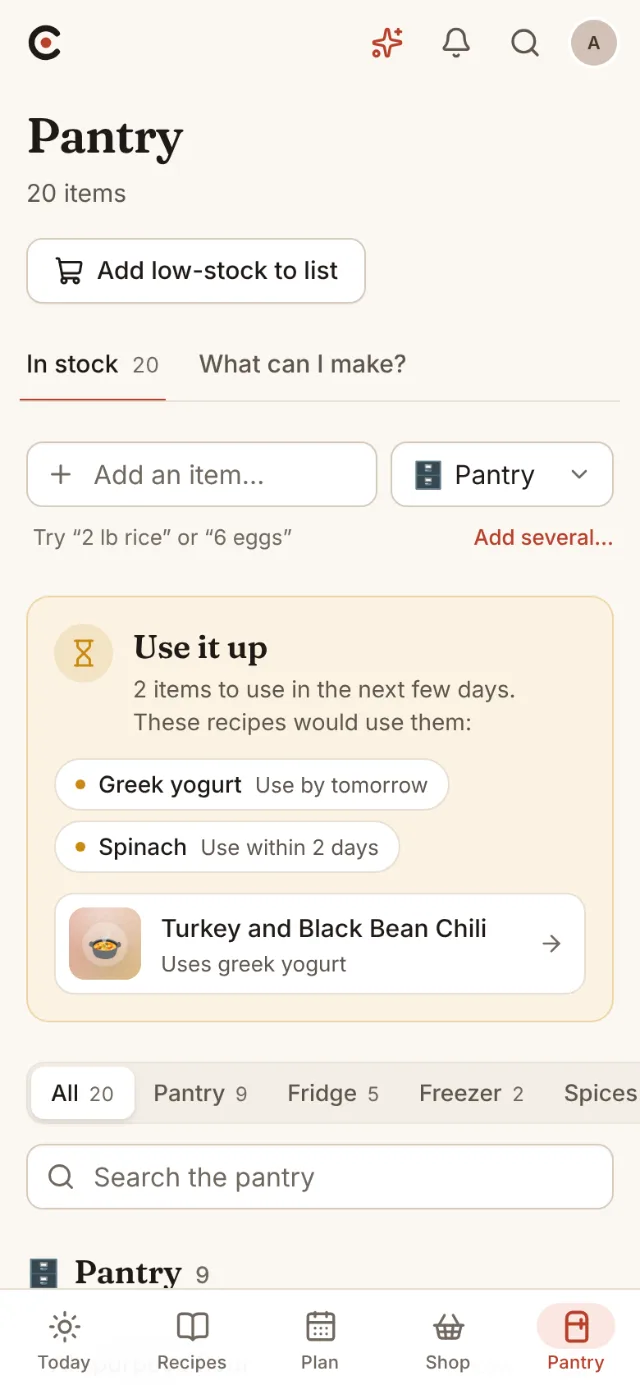 The pantry by location with expiry dates and What can I make?