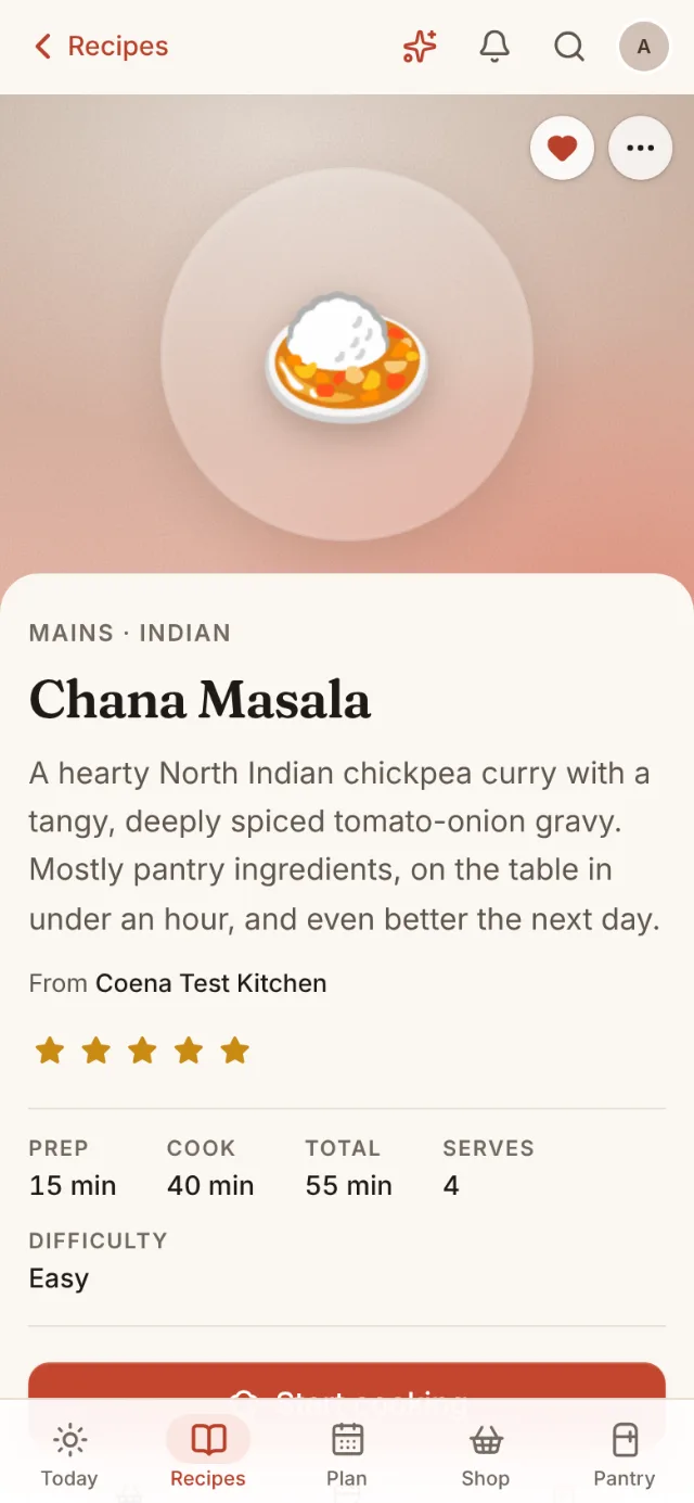 The same kind of recipe in Coena: title, photo, times and ingredients, with the original site credited