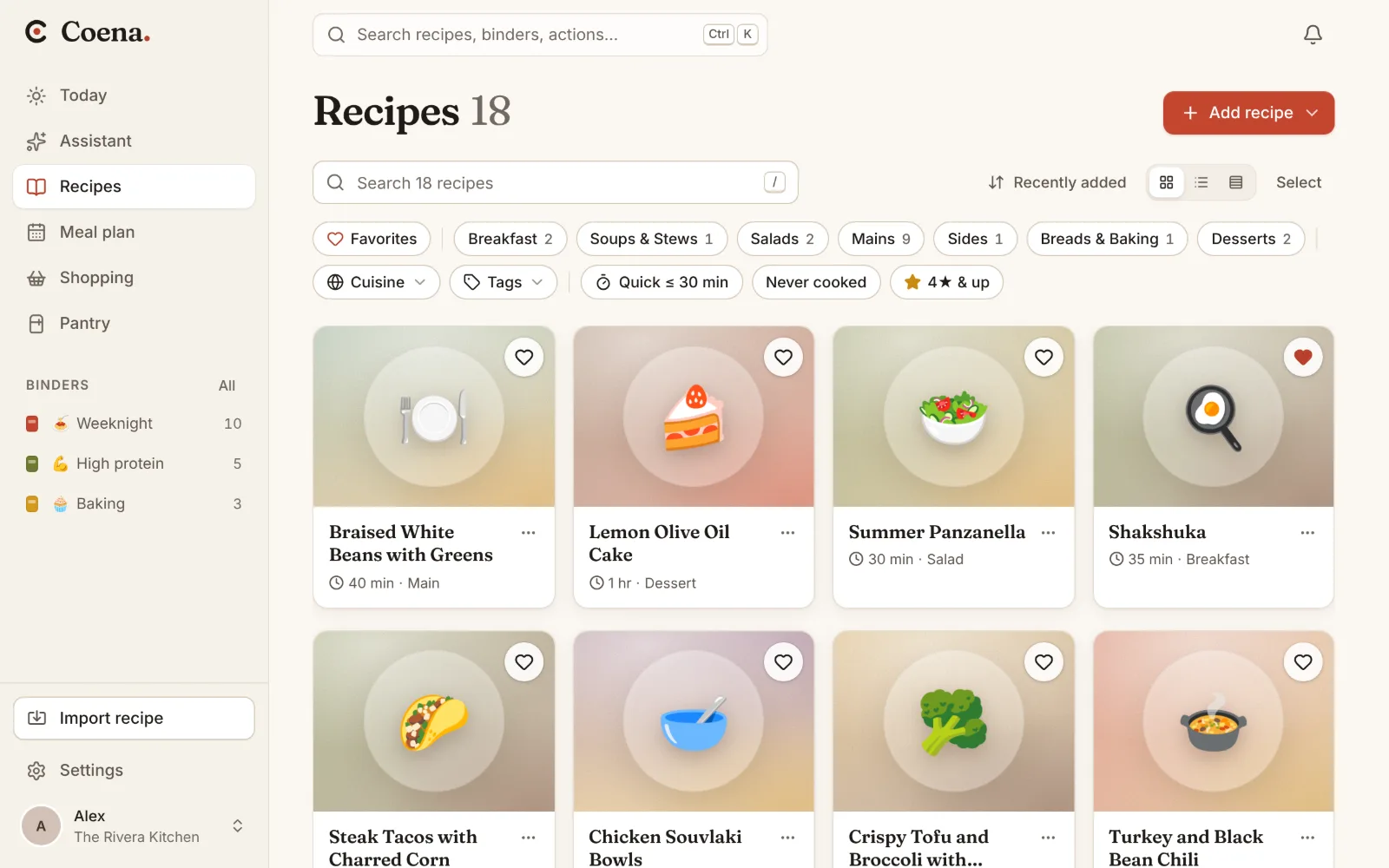 The recipe library with photos, filters and search